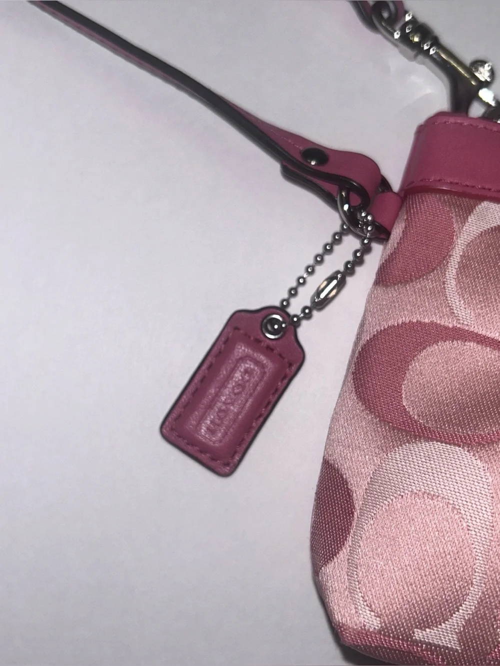 Coach Pink Signature Canvas Wristlet with Leather Trim